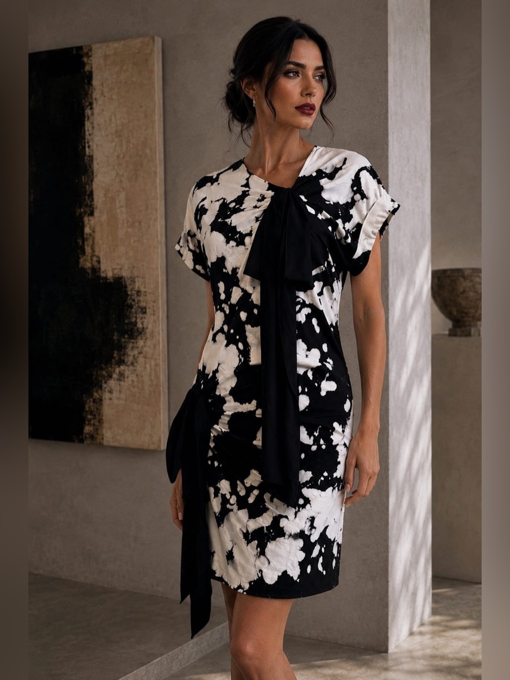 N°21‎ Abstract Paint Splatter Draped Ruched Sheath Dress IT 42 US 6 Avant Garde
